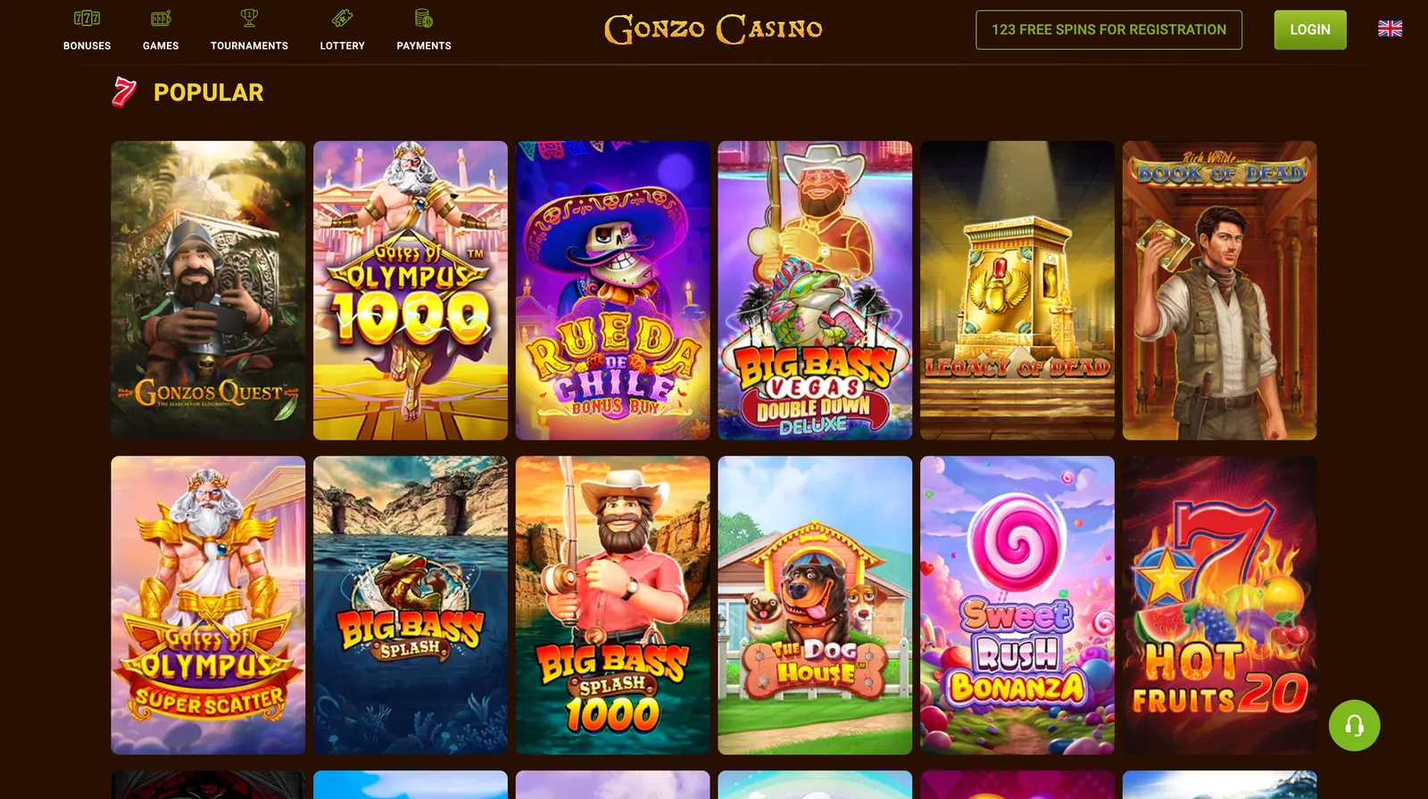 Sekcja popularnych automatów online i gier w katalogu Gonzo Casino