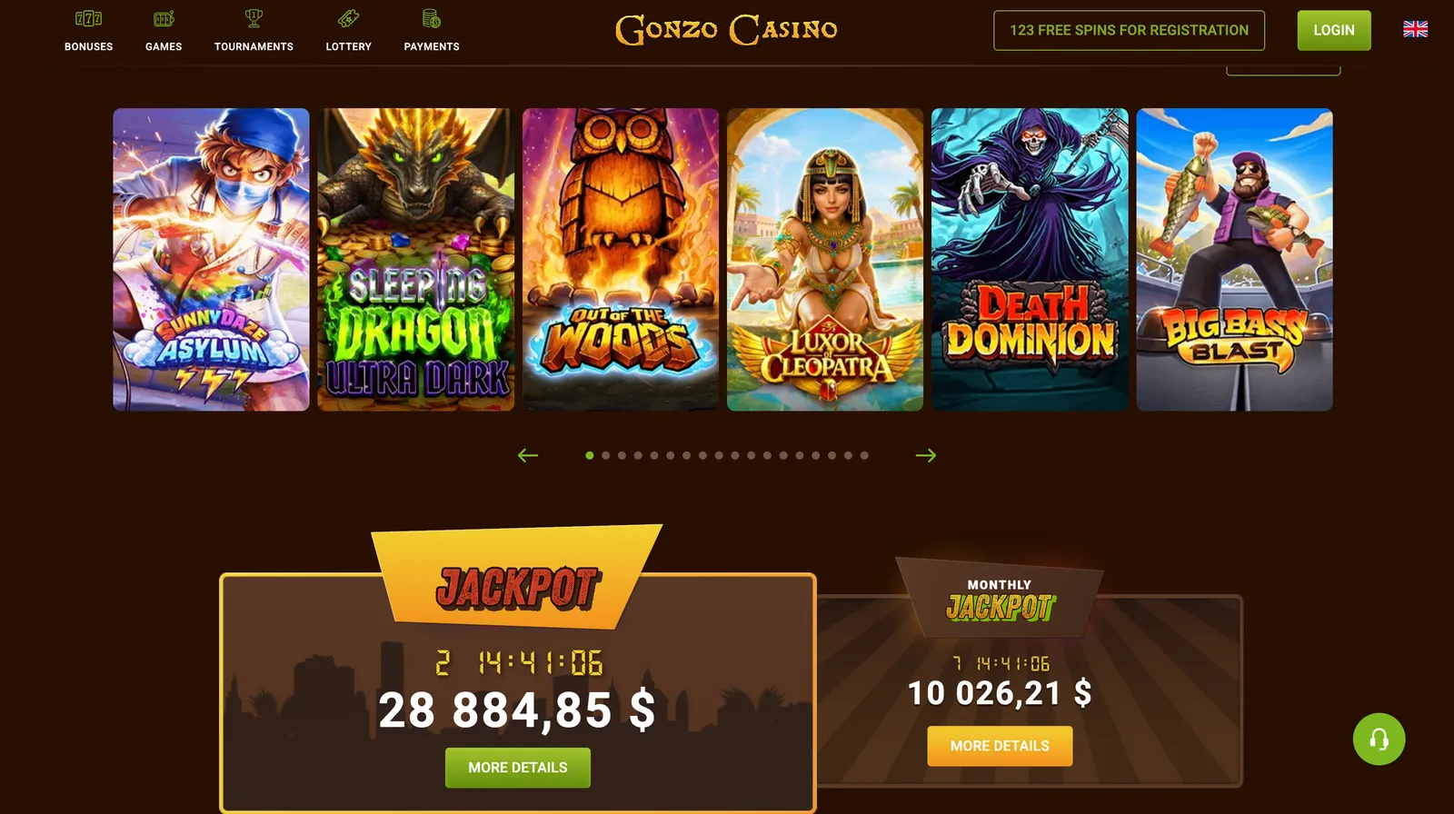 Strona główna serwisu Gonzo Casino z widokiem lobby gier i banerów