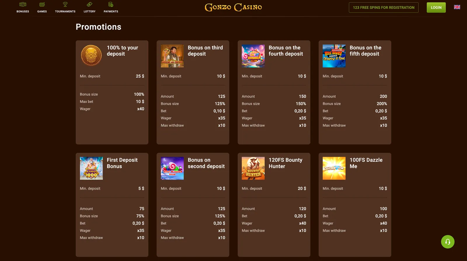 Zakładka z ofertami promocyjnymi i bonusami na platformie Gonzo Casino